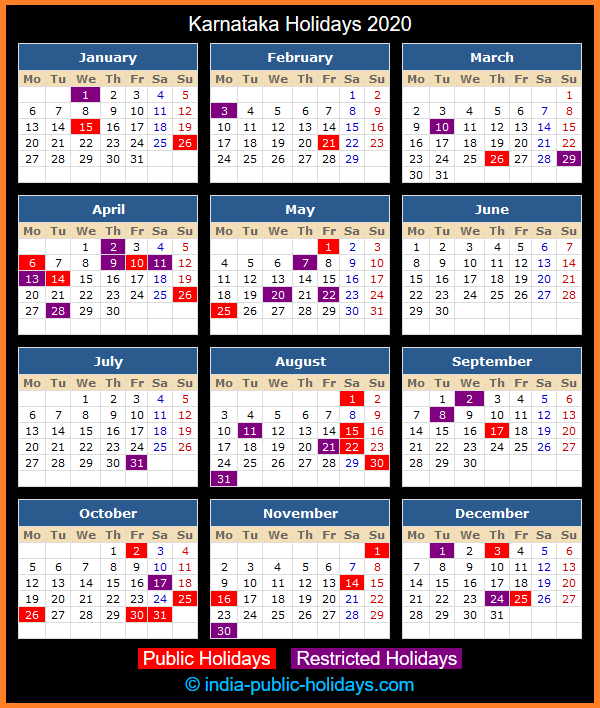 Karnataka Holiday Calendar 2020